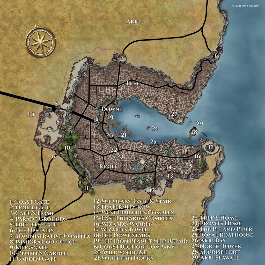 An annotated map of the City of Akri. Crescent-shaped around Akri bay, there are three levels: the Up, the Down, and between them, the Left and the Right.